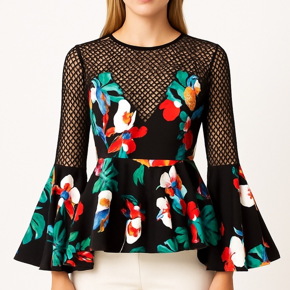 Floral Colorful Mesh Peplum Top - Picture 1 of 11